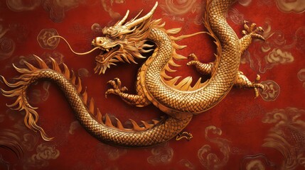 Obraz premium Golden Dragon Statue with Intricate Details on a Brown Background.