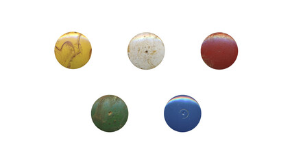 a set of colorful aged circles, rusty stationery tacks in png format, front view, isolated metal push rounded pins on transparent background	
