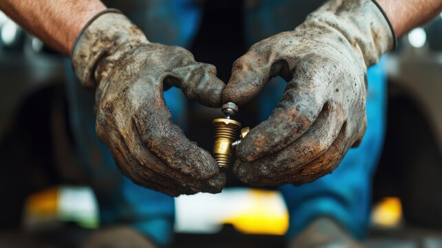 A mechanic holds a metal bolt with dirty hands, showcasing expertise in automotive repair and maintenance.