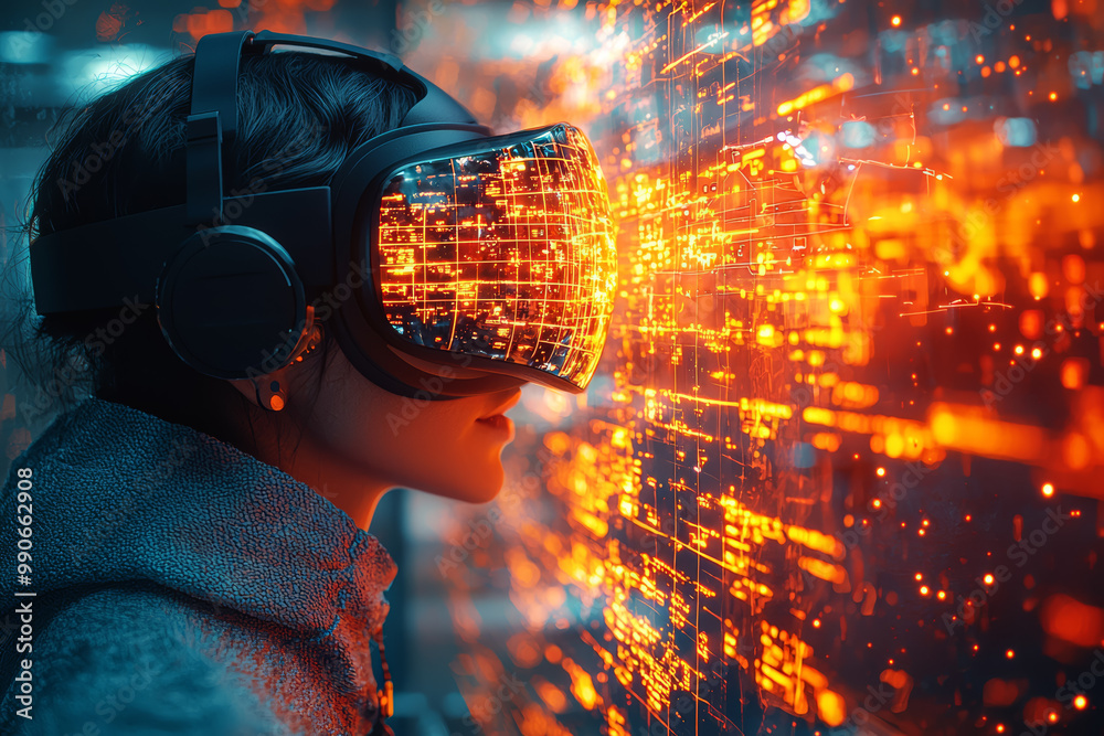 Aufkleber A user navigating a virtual reality puzzle game with interactive elements and complex challenges in a digital setting. Concept of VR problem-solving.