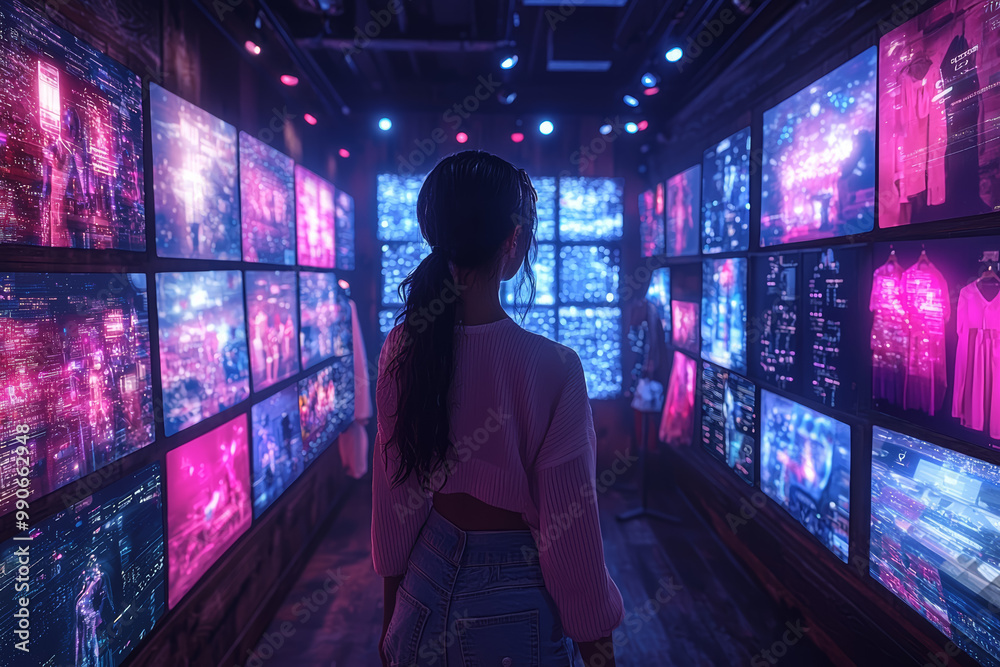 Poster a user customizing their virtual avatar in a metaverse dressing room, surrounded by a wide array of 