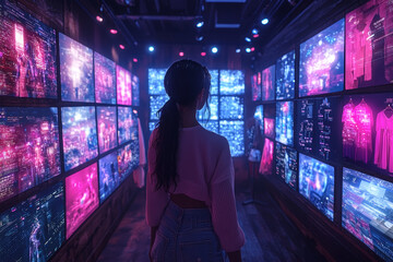 A user customizing their virtual avatar in a metaverse dressing room, surrounded by a wide array of digital clothing and accessories. Concept of avatar personalization.
