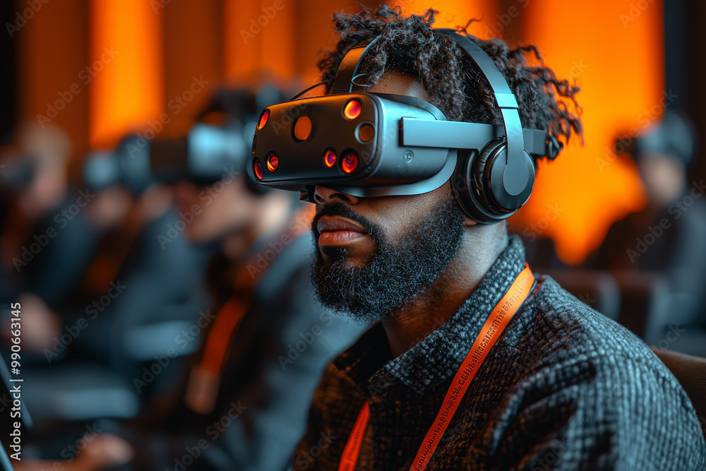 Poster a user attending a virtual reality conference, networking and participating in discussions within a 