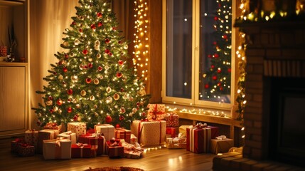 Beautiful Christmas tree in a cozy living room with gifts, twinkling lights, and festive decor.