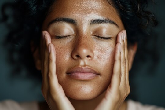 A serene woman with closed eyes in a meditative prayer pose, embracing calm and mindfulness.