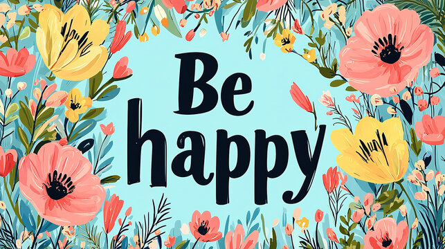 Be happy inspirational quote surrounded by colorful flowers