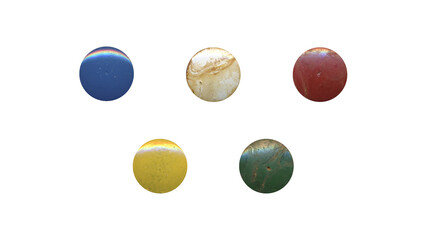 a set of colorful aged circles, rusty stationery tacks in png format, front view, isolated metal push rounded pins on transparent background	
