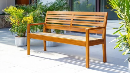 Fototapeta premium Elegant Wooden Bench Surrounded by Lush Greenery