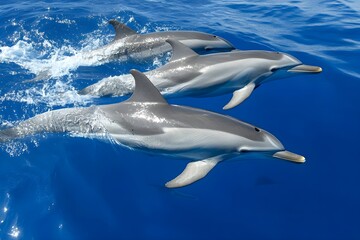 Naklejka premium Dolphins swimming in bright blue ocean, sunlight glistening on waves, dynamic and energetic scene