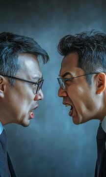 A disagreement and tension arises between two Asian businessmen as they argue about commercial problems.