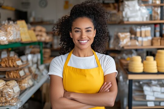 Smiling female bakery worker in an apron holding a tablet, standing behind the counter in a cozy bakery filled with fresh bread.