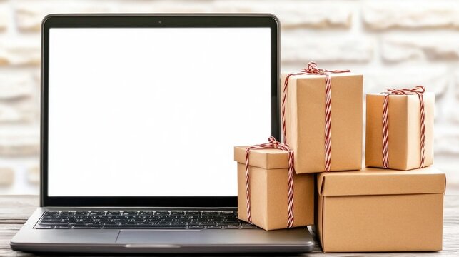 A stylish laptop with a blank screen surrounded by beautifully wrapped gifts on a minimalist marble surface in a festive holiday setting