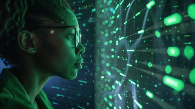 A woman is looking at a computer screen with a green background - Powered by Adobe