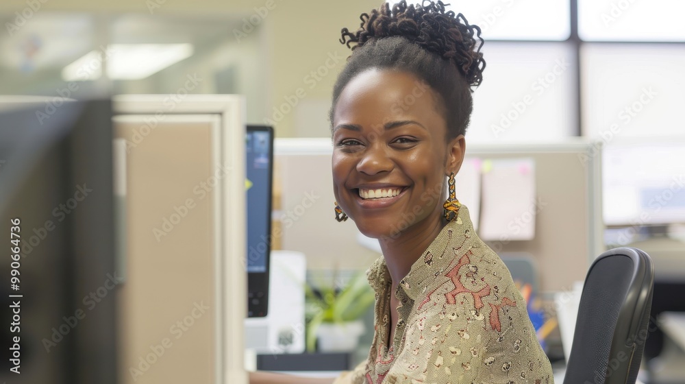 Poster a woman with a smile on her face is sitting at a desk with a computer