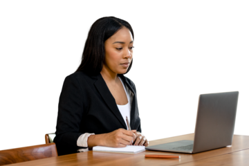 Businesswoman png working on laptop sticker, transparent background