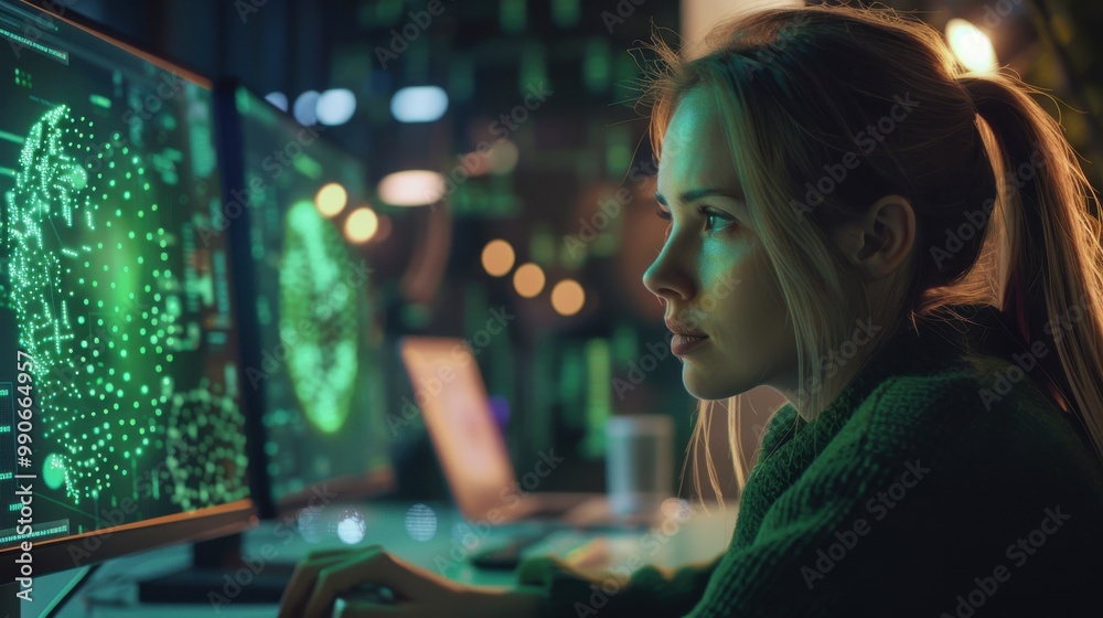 Aufkleber a woman is sitting in front of a computer monitor with a green screen