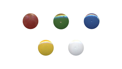 a set of colorful clear circles, empty stationery tacks in png format, front view, isolated metal push rounded pins on transparent background