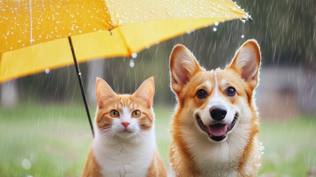 In a sunny summer meadow, a playful red cat and a cheerful corgi walk together under an umbrella, delighting in the warm drops of rain that refresh the air.