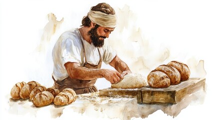 A baker skillfully shapes dough in a rustic bakery, surrounded by freshly baked loaves during the early morning hours