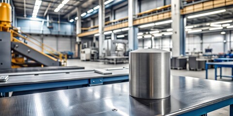 A cylindrical engine block, coated in a dull gray finish, awaits its fate on a well-worn work surface,