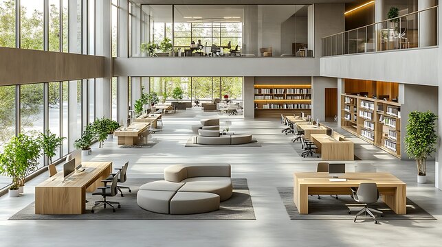 A contemporary open-plan office with modern furniture, large windows offering plenty of natural light, collaborative areas with minimalist seating, sleek wooden desks,