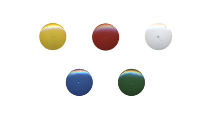 a set of colorful clear circles, empty stationery tacks in png format, front view, isolated metal push rounded pins on transparent background