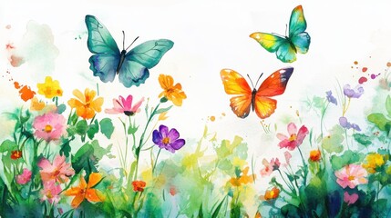 Colorful butterflies flutter over a vibrant flower garden during a sunny day in springtime