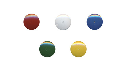 a set of colorful clear circles, empty stationery tacks in png format, front view, isolated metal push rounded pins on transparent background