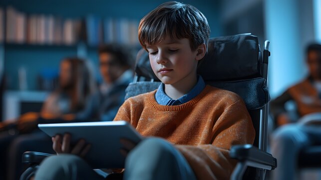 A disabled boy using a tablet in an inclusive classroom, surrounded by diverse students, modern tech classroom, 3D render, futuristic vibe, soft lighting, sleek design