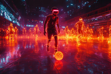 Obraz premium A dynamic virtual reality sports simulation where players engage in competitive games and athletic activities in a digital arena. Concept of VR sports.