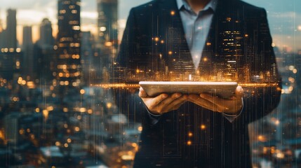 Business professional holding a tablet in a city skyline during dusk with a digital overlay effect enhancing the urban landscape