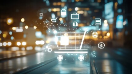 An elegant background features online shopping icons emphasizing the convenience of digital retail
