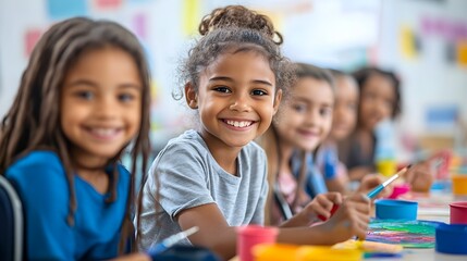 Obraz premium A joyful group of multiethnic kids in wheelchairs, painting together at a rehab daycare, embracing creativity and teamwork in an inclusive setting