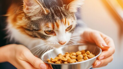 Fototapeta na wymiar In a warm home setting, a woman lovingly feeds her cat, who curiously watches as she fills a stainless steel bowl with dry food. Their bond is evident in this delightful morning ritual.