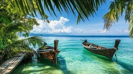 Fototapeta premium Wooden boats floating in crystal-clear turquoise water, lush green palms and bright blue sky