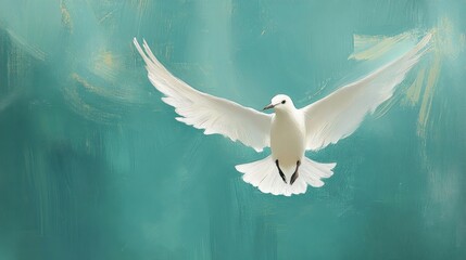 Elegant white bird captured in mid-flight against a serene teal background with abstract artistic brushstrokes creating a soothing effect
