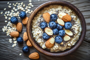 Blueberry oatmeal with almonds walnuts flax seeds sesame and chia Nutritious vegetarian breakfast from above