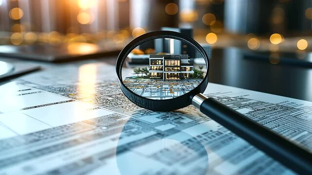 A sleek, modern map with a magnifying glass focused on a contemporary house