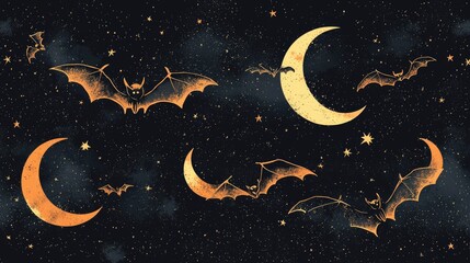 Naklejka premium Whimsical bats and crescent moons in a starry night sky