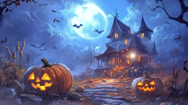 halloween background with pumpkin and house. Virtual 4K video animation background with looping time lapse with very smooth graphics.