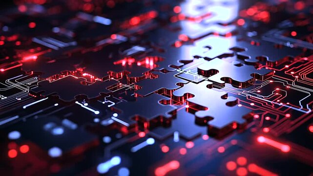 Interlocking digital puzzle pieces hovering over a dynamic, tech-inspired backdrop with glowing circuits, illustrating the concept of API interoperability