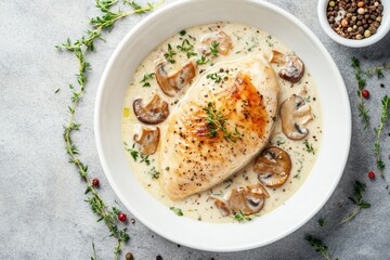 Creamy mushroom sauce chicken on a white plate against a gray concrete backdrop Comfort food Aerial view