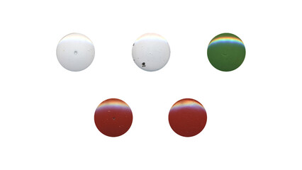 a set of colorful clear circles, empty stationery tacks in png format, front view, isolated metal push rounded pins on transparent background