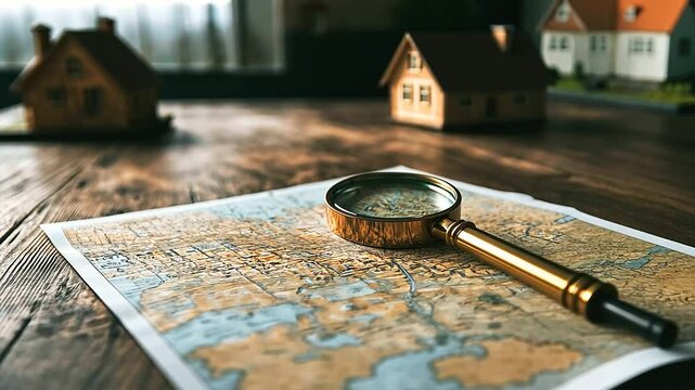 A rustic map with a magnifying glass zeroing in on a picturesque countryside cottage, symbolizing the journey of finding a dream home away from the hustle