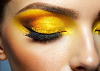 Fototapeta premium A gentle study of a woman's relaxed gaze, where a pop of vibrant yellow eyeshadow melts seamlessly into
