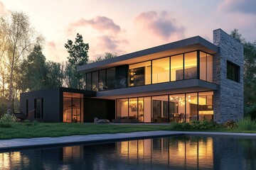 Fototapeta premium Modern minimalist house with large glass windows and reflecting pool, evening setting, luxurious ambiance
