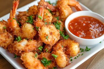 Crispy coconut shrimp with red sauce and parsley