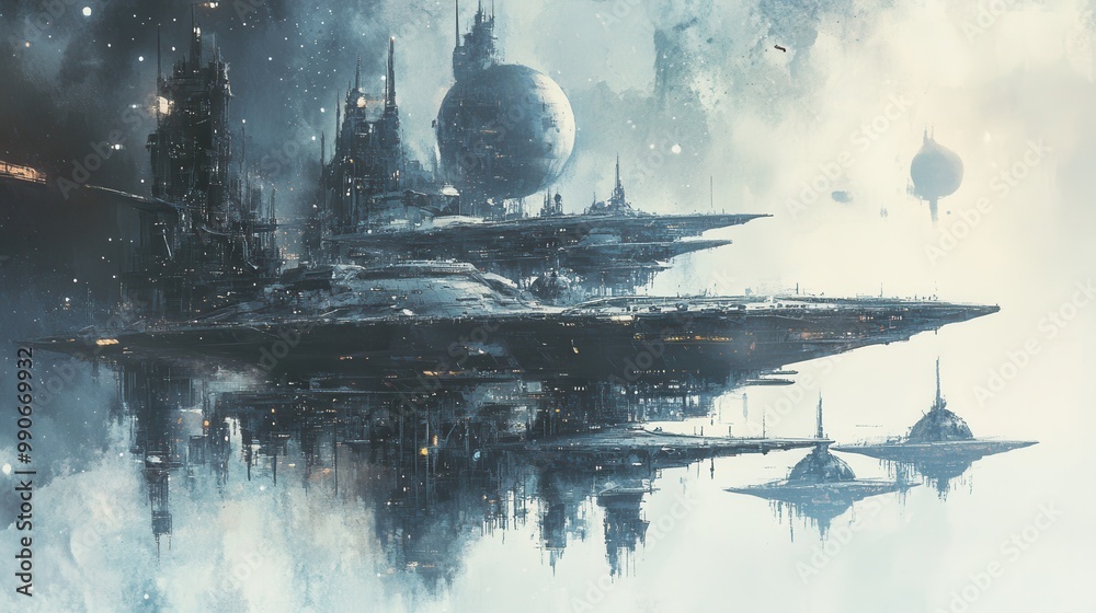 Poster Futuristic cityscape with floating structures and celestial bodies in a cosmic landscape