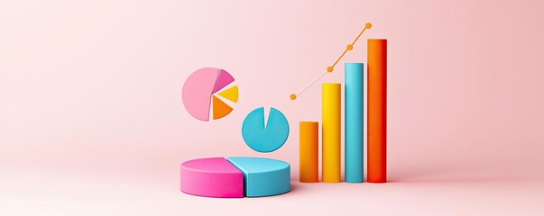 Fototapeta premium Colorful 3D graphs and pie charts representing data analysis and business growth in a modern design.