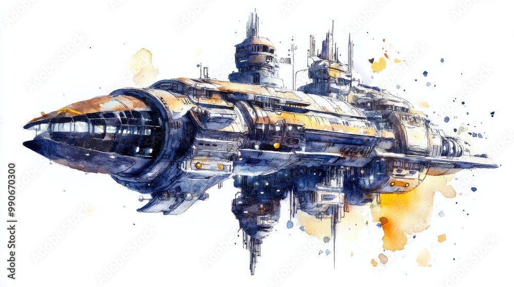 Poster Futuristic spaceship design featuring intricate details and vibrant colors floating in a cosmic environment